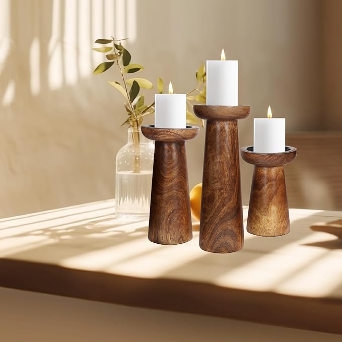 Hand Crafted Wooden Pillar Candle Holders Set of 3, Ideal for LED and Pillar Candles, Gifts for Wedding, Christmas, Party, Home, Spa, Reiki, Aromatherapy, Votive Candle Gardens - 10, 8, 6 Inch - Burnt