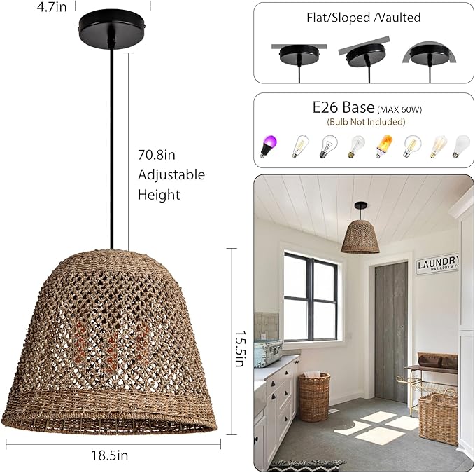 18.5" Rattan Pendant Light,3-Light Large Wicker Hanging Light Hand Woven Water Plants Rattan Chandelier Boho Seagrass Pendant Light Fixtures for Dining Living Bedroom Kitchen Restaurant