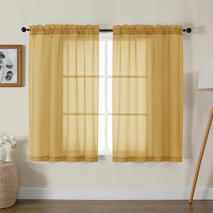 Gwine Gold Sheer Curtains for Living Room 45 inches Long, Short Voile Light Filtering Window Treatments Sheer Curtains for Bedroom, Half Window Drapes with Rod Pocket, Each 42" Wx45 L