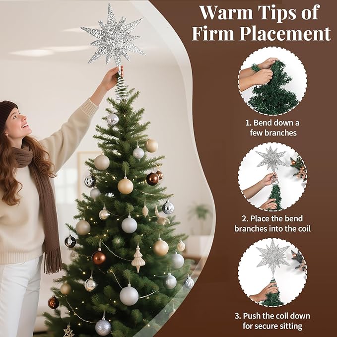 Lewondr Christmas Star Tree Topper, USB Powered Remote Controlled 11 Inch Multilayer Hexagonal Tree Toppers Christmas Decor with 8 Light Modes for Home Holiday Xmas, Timer Function, Silver