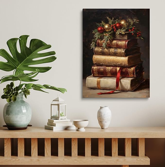 Christmas Berries and Book Wall Decor - Still Life Print, Vintage Winter Oil Painting, Dark Academia Home Decor - 16x24 Inch Unframed