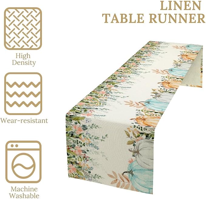Fall Table Runner Blue Pumpkin Colorful Eucalyptus Leaves Thanksgiving Orange Green Watercolor Illustration Decor for Farmhouse Indoor Outdoor Party Holiday Dining Kitchen Restaurant Cafe W13xL36in