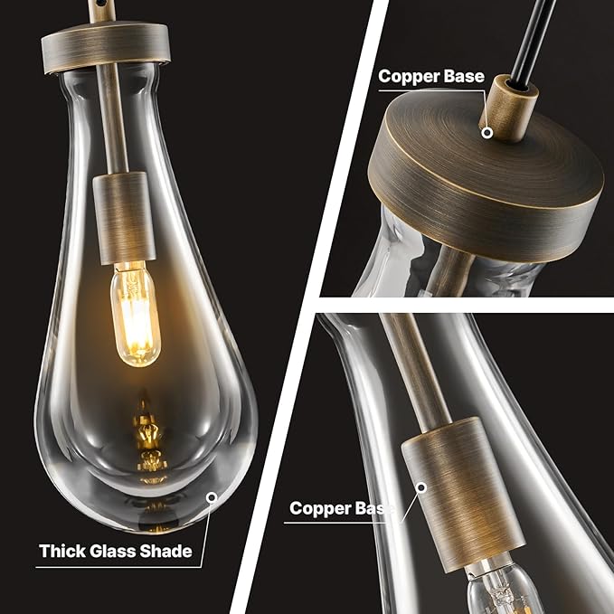 Raindrop Pendant Lights Kitchen Island: 2 Head Vintage Copper Teardrop Hanging Light - Durable Crystal Pendants Light over Dining Table - Raindrop Lighting Fixture for Bedroom Hallway Bulb Included