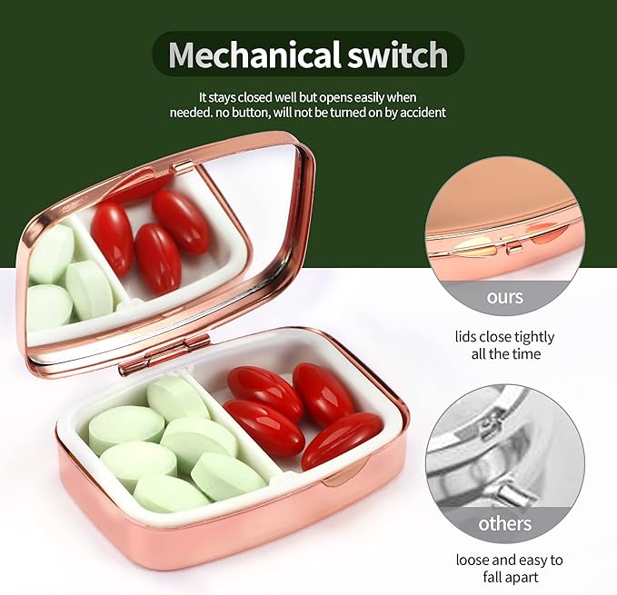 Dynippy Pill Case Pill Box with Mirror Retro Pocket 2 Compartment Medicine Case Vitamin Pill Organizer for Pocket Purse and Travel (Rose Gold-Wildflower Pattern)