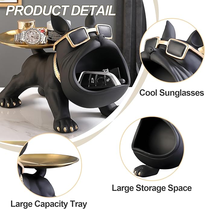 Resin French Bulldog Tray Statue, Bulldog Candy Dish Key Holder Bowl, French Bulldog Accessories, Statues for Office Desk Home Decor Figurines Entryway Table Decor (Black)