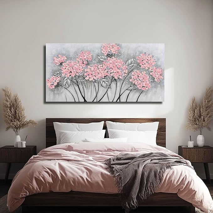 SOUGUAN Botanical Wall Art Oil Painting Pink Flower Pictures Wall Decor Large Artwork for Living Room Kitchen Home Decorations 24x48 Inch