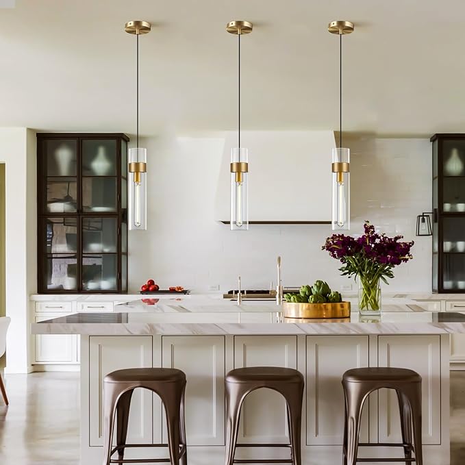 Modern Glass Brass Pendant Lights Kitchen Island, Adjustable Cord Pendant Light Fixtures, Kitchen Pendant Lighting Over Island, Indoor Chandelier for Bedroom Bathroom, Included Bulb