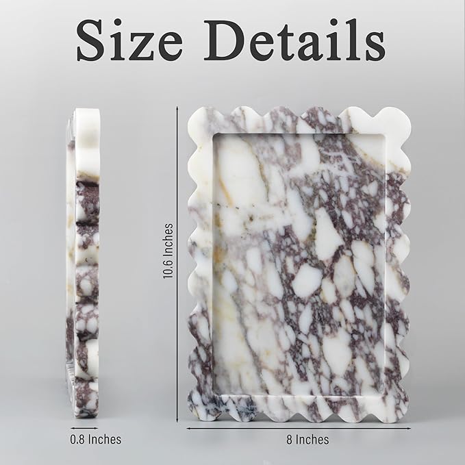 100% Real Natural Marble Tray, Genuine Calacatta Viola Scalloped Stone Tray, Luxury Decorative Trays for Bathroom Dresser, Vanity, Home, Kitchen Decor, Non-Resin/Ceramic, 10.6"x 8", Purple