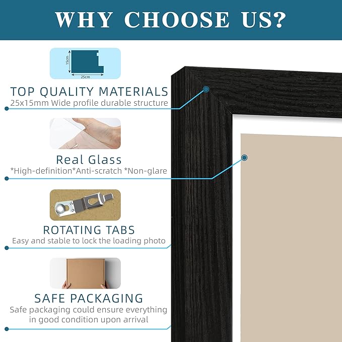 8x10 Picture Frame Set of 2, Made of Real Glass and Rustic Black Wooden Frame - Display Picture 5x7 with Mat or 8x10 Without Mat, 8 by 10 Photo for Wall or Tabletop