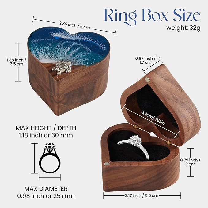 Ocean Resin Heart Engagement Ring Box, Personalized Walnut Wooden Ring Box, Birthday Gifts for Women, Ring Display box for Proposal, Wedding, Anniversary, Valentine's Day, Christmas Gifts