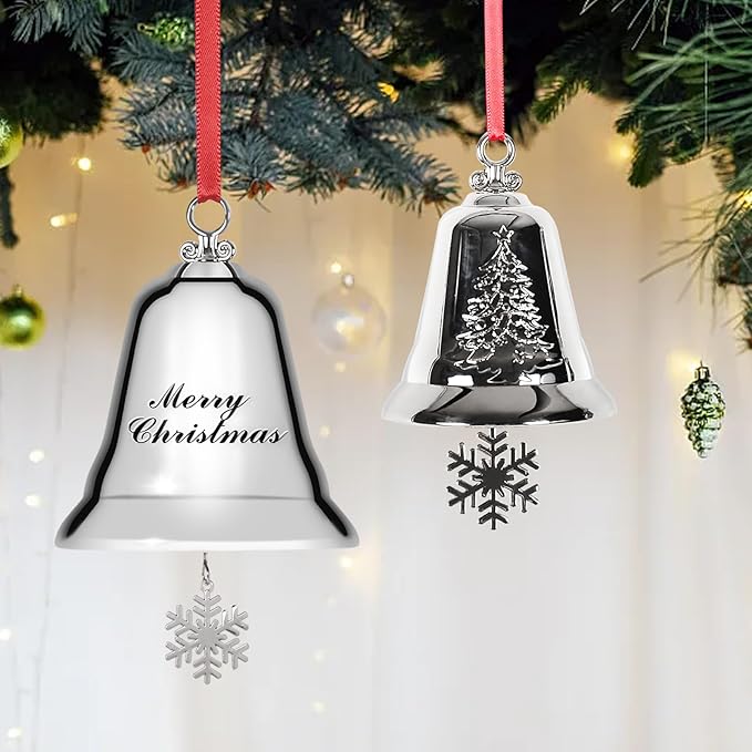 Styleonme Decorative Bells, Christmas Ornaments 2025, Engraved It's Merry Christmas, Silvery Bells Decoration with Pendants Snowflakes