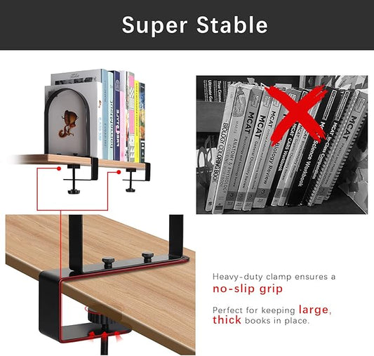WOMACO Book Ends for Heavy Books, Heavy Duty Bookend for Shelves, Super Steady Clamp-On Non-Skid Metal Book Shelves Holders Stoppers for CDs, Vinyl Records (Black, 1 Pair)