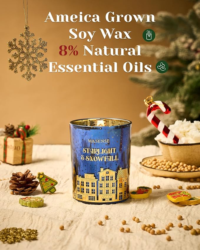 M&SENSE Christmas Candles, Startlight Snowfall Scented Winter Candle Natural Soy Wax 18oz 100 Hours Clean Non Toxic Burn, Cracking Wooden Wick Large Gift for Holiday Family Friends