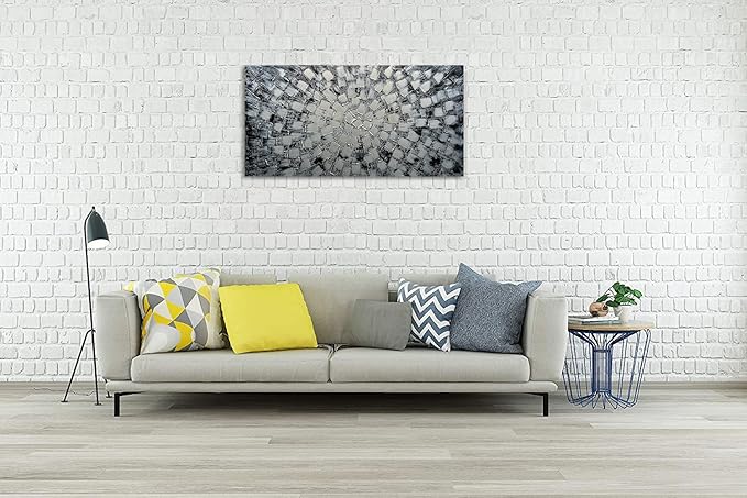 MyArton Textured Abstract Squares Canvas Wall Art Hand Painted Modern Black Silver Oil Painting for Home Decoration Ready to Hang Horizontal or Vertical 48x24inch