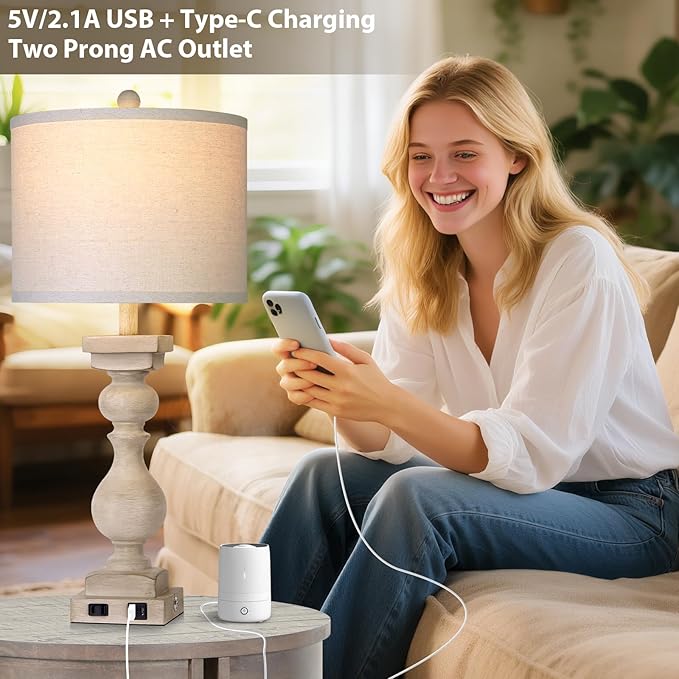 28" Tall Farmhouse Table Lamps Set of 2 with USB C+A Ports and AC Outlet, 3 Way Touch Tall Rustic Bedside Lamps for Living Room, Beige Vintage Lamps for Bedroom