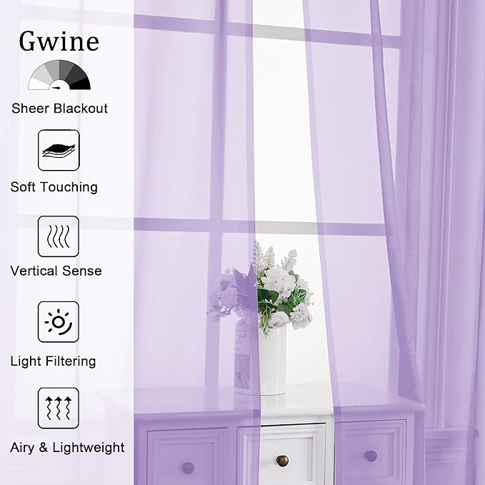 Gwine Lilac Sheer Curtains 84 Inches Long 2 Panels Set for Living Room, Rod Pocket Voile Lightweight Bedroom Curtains, Light Filtering Solid Window Sheer Panels, Each 42" Wx84 L