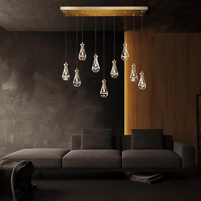 Raindrop 9-Light Chandelier, Modern Brass Teardrop Pendant Light Fixture for Dining Room, Kitchen Island Hanging Light, Adjustable Rope Gold Cluster Ceiling Lighting for Living Room & Entryway