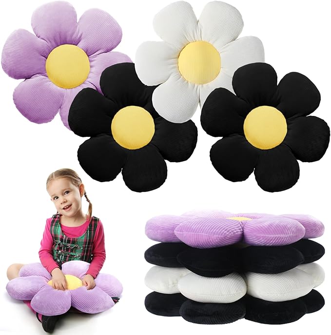 Reginary 4 Pcs Flower Floor Pillows Cute Plush Flower Throw Pillows Daisy Floor Seat Cushion Chair Pads for Christmas First Day of School for Sofa Couch Bed Decor(15 Inch,Black, White, Purple)