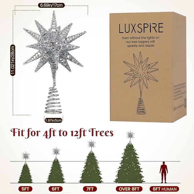 Luxspire Christmas Tree Topper, 3D Starburst Lighted Tree Topper, Plug in Christmas Star with Timer, Light Up Xmas Vintage/Modern Decorations for Holiday, Silver