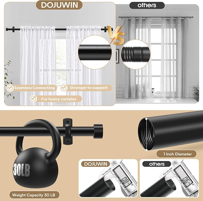 Matte Black Curtain Rods 30-144 Inch (3-12 Feet) - 1 Inch Diameter Heavy Duty Adjustable Drapery Rod with End Caps, Modern Window Rod for Large Windows, Easy Installation