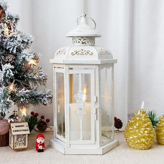 JHY DESIGN Rustic Decorative Lanterns 12" H Medium Candle Lantern Vintage Metal Candle Holder for Indoor Outdoor, Events, Parities, Patio and Wedding(White with Gold Brush)