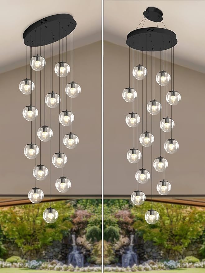15-Light Black Chandelier with Globe Glass Dimmable Ceiling Light Glass Pendant Light for Kitchen Island, Dining Room, Living Room, Entry Hallway, LED Bulbs Included