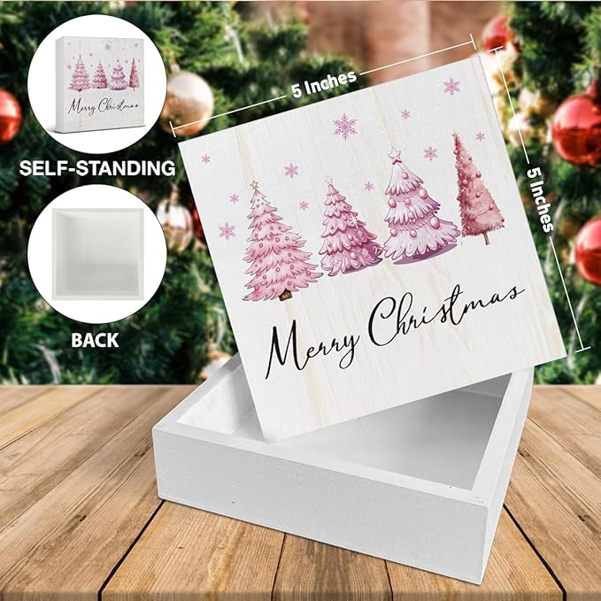 Merry Christmas Decorations - Pink Christmas Tree Wooden Sign, Cute Holiday Room Decor for Desk Table Shelf 5 X 5 Inches