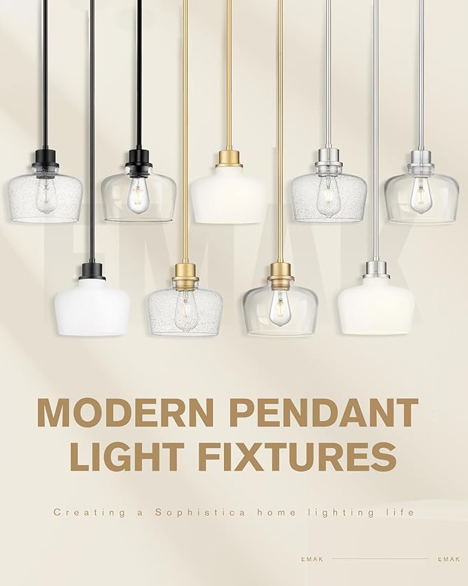 Emak Modern Brushed Nickel Pendant Lights Kitchen Island, 2 Pack 8 Inch Seeded Glass Pendant Light Fixtures for Kitchen Island, Bathroom, Bedroom, Dining Room, PL122-BN-2PK