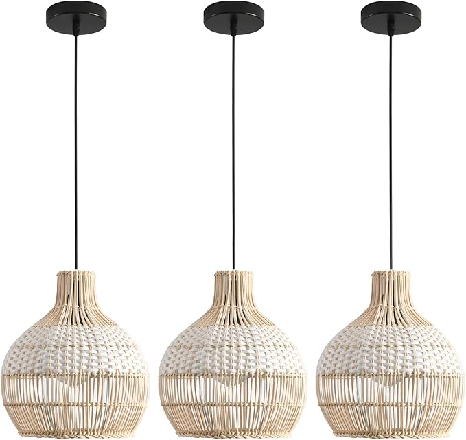 3-Pack Fax Rattan Pendant Light Fixture Mini Hand-Woven White Rattan Chandelier 10.24" Boho Wicker Hanging Lamp for Dining Living Bedroom Kitchen Farmhouse