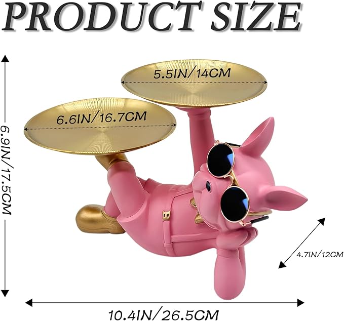 Resin French Bulldog Tray Statue, Lying Bulldog Candy Dish Key Holder Bowl, French Bulldog Accessories, Statues for Office Desk Home Decor Figurines Entryway Table Decor (Pink)
