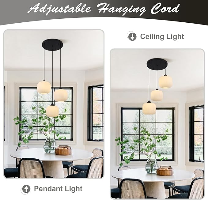 KCO Lighting 3 Light Cluster Pendant Modern Frosted Globe Chandelier Vintage Milk Glass Light Fixture Black Contemporary Cluster for Living Room Dining Room