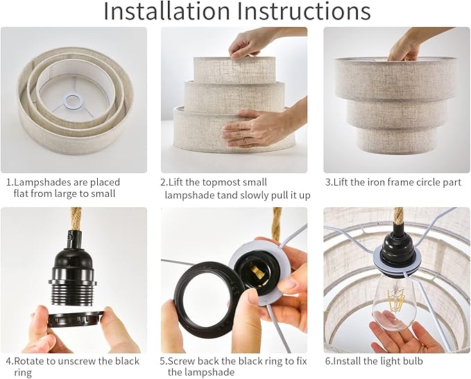 XININSUN 3-Tier Drum Linen Plug in Pendant Light with15ft Hemp Rope Cord E26 Dimmer Switch Hanging Lights Fixture Plug in Chandelier for Kitchen Island Dining Room Entryway Hallway-1Pack