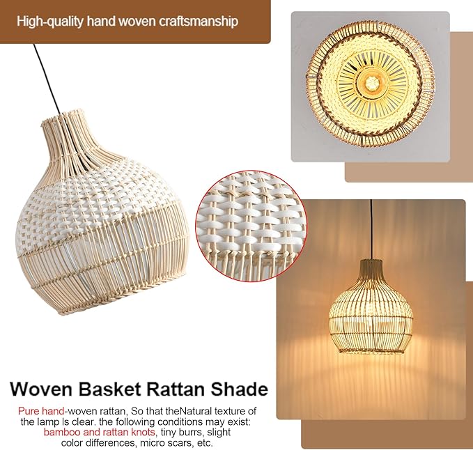 3-Pack Fax Rattan Pendant Light Fixture Mini Hand-Woven White Rattan Chandelier 10.24" Boho Wicker Hanging Lamp for Dining Living Bedroom Kitchen Farmhouse