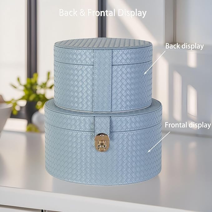 Large Leathe Decorative Boxes Set of 2 Round Hat Box Bin Basket with Lid for Shelf Coffee Table Storage Remotes Modern Home Decor (light blue)