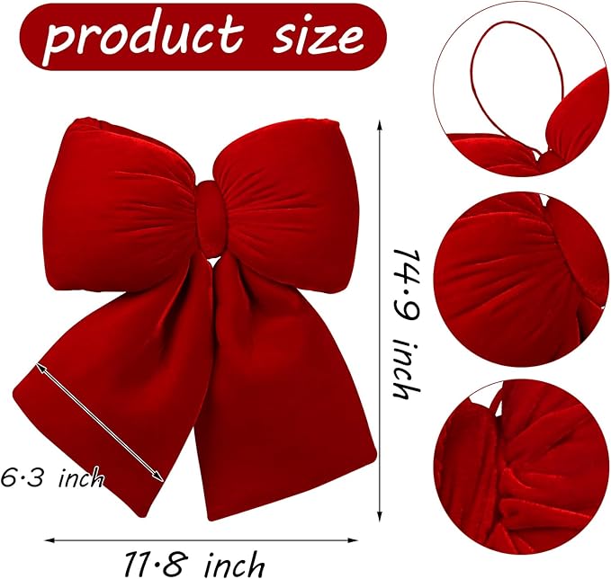 Red Velvet Large Bow Decorations, 2PCS Valentine's Day Christmas Tree Topper Bows Decor, for Home Wreaths Stairs Railing Holiday Wedding Xmas Indoor Outdoor
