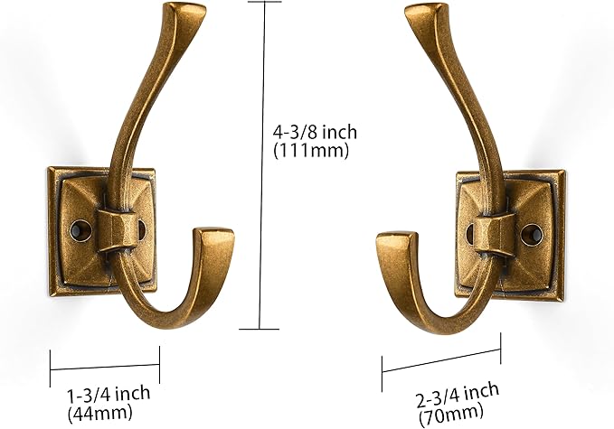 Large Wall Hooks 2 Pack Antique Brass Coat Hardware for Hanging 4.35 Inch Double Robe Wall Mounted With Screws for Key, Towel, Bags, Cup, Hat