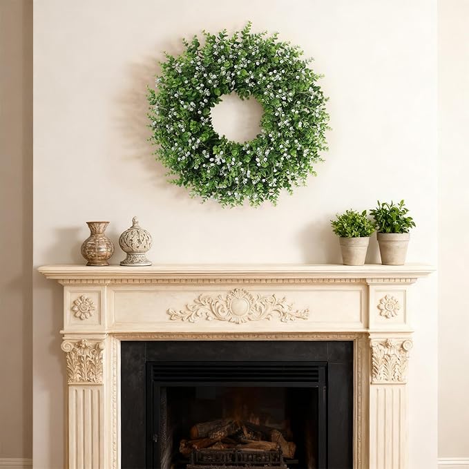 26" Artificial Eucalyptus Wreath with Baby's Breath for Front Door - Faux Eucalyptus Leaves, Fake Spring/Summer Greenery Flowers Wreath for Porch, Farmhouse, Wall, Window Outdoor Decor