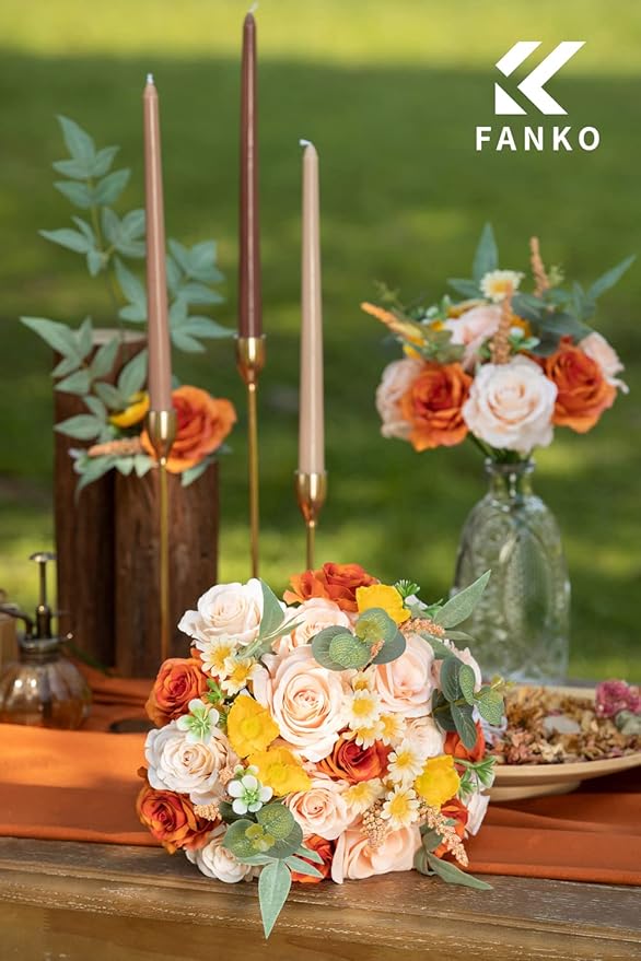 FANKO Rose Artificial Flowers Combo for DIY, Fake Orange Rose Silk Flowers Greenery, Faux Flowers for Wedding Bridal Bouquet, Baby Shower, Table Centerpieces, Floral Arrangement, Party Home Decoration
