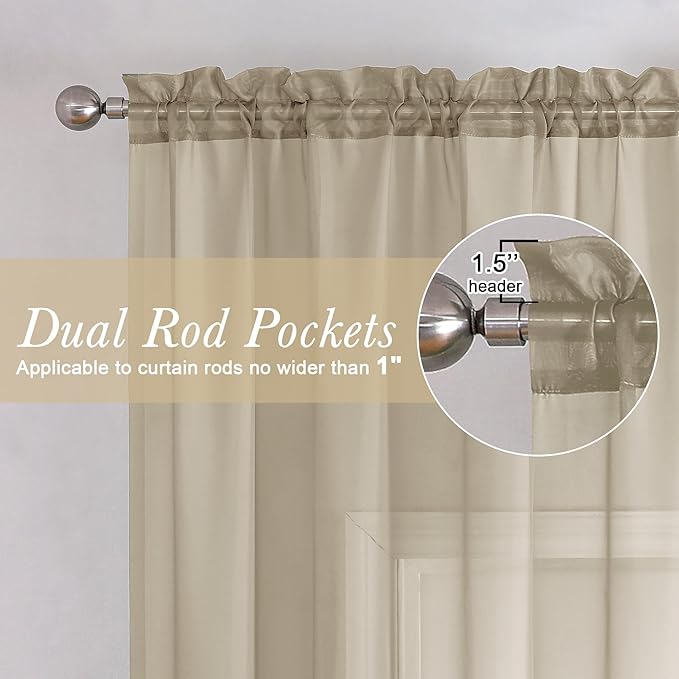 Lecloud Taupe Sheer Curtains 84 Inches Long 2 Panels, Light Filtering Solid Voile Sheer Tan Curtain for Kid's Room/Bedroom/Living Room, Top Dual Rod Pockets Stylish Breathable Window Drapes, 40W x 84L