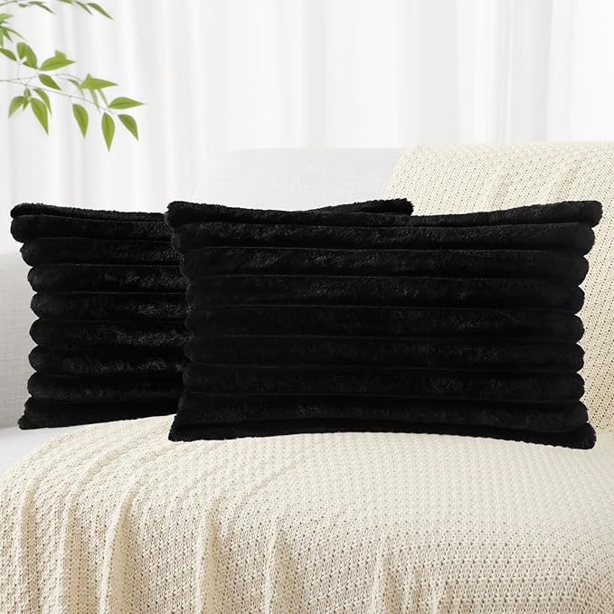 decorUhome Faux Fur Christmas Throw Pillow Covers 12x20 Set of 2, Decorative Soft Plush Striped Lumbar Neutral Couch Euro Pillow Covers with Velvet Back for Sofa, Bed, Living Room Home Decor, Black