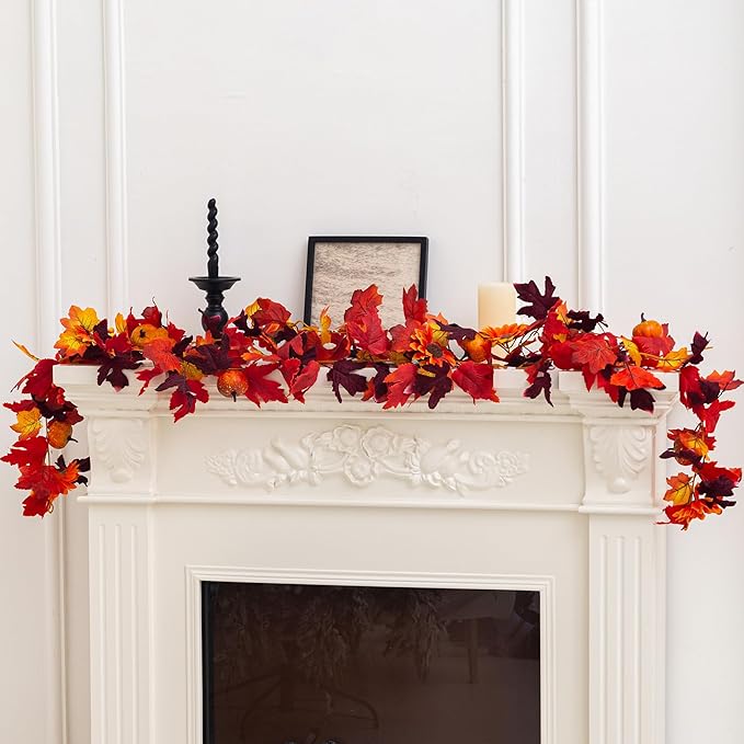 Artificial Fall Garland with Maple Leaves, Pumpkins & Berries – 7Fft Orange Autumn Garland for Thanksgiving, Fireplace Mantel, Doorway & Fall Harvest Table Decor