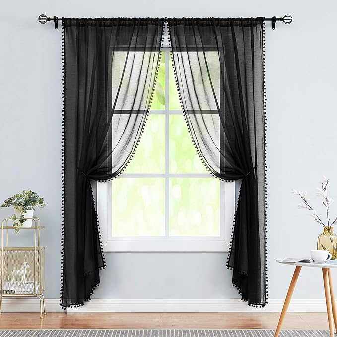 Treatmentex Modern Black Sheer Curtains for Studio 72 inches Long Bedroom Curtain Panels Living Room Bedroom Pom Pom Window Drapes 2-Pack