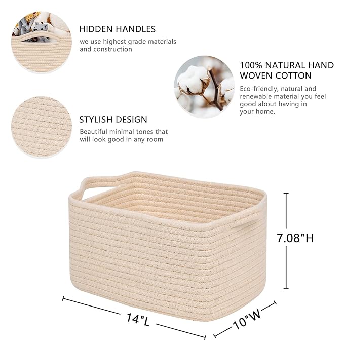 CubesLand Cube Storage Organizer Basket Bin, Rectangular Cotton Rope Basket, 14x10x7.08IN Beige