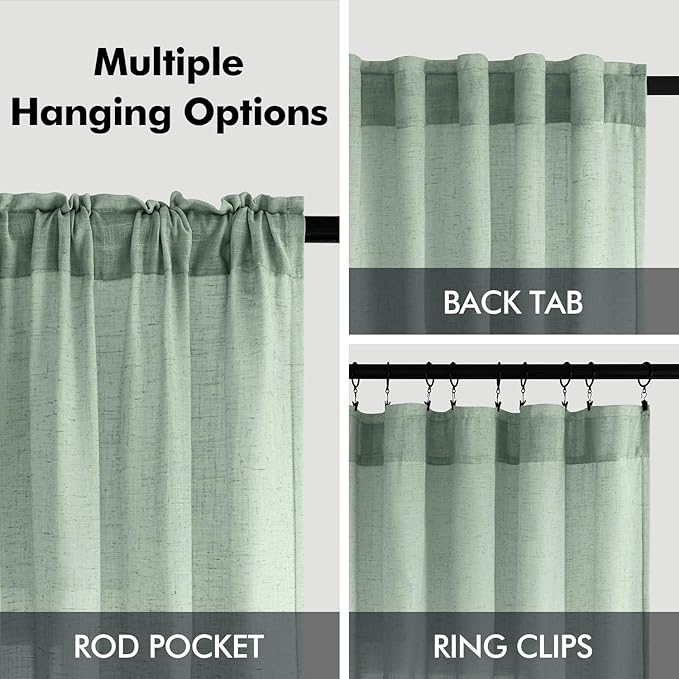 ANRODUO Extra Long Sage Green Linen Curtains 120 inch Length 2 Panels Green Neutral Farmhouse Living Room Drapes Light Filtering Semi Sheer Linen Drapes 120 inches Long for Floor to Ceiling Window