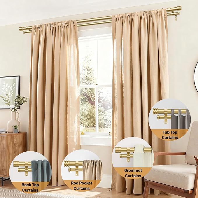 TONIAL1 Inch Double Curtain Rods for Windows 48 to 84 Inches, Heavy Duty Decorative Drapery Rod 32 to 86 Inches with Classic Cap Finial, Gold