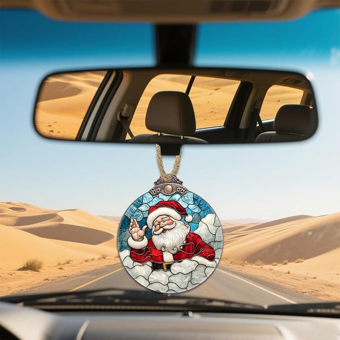 Stained Glass Christmas Decorations, Funny Santa Claus Suncatcher for Window Christmas Tree Hanging Ornaments White Clouds Sun Catcher Xmas Decor Gifts for Women Men Mom Nana Friend