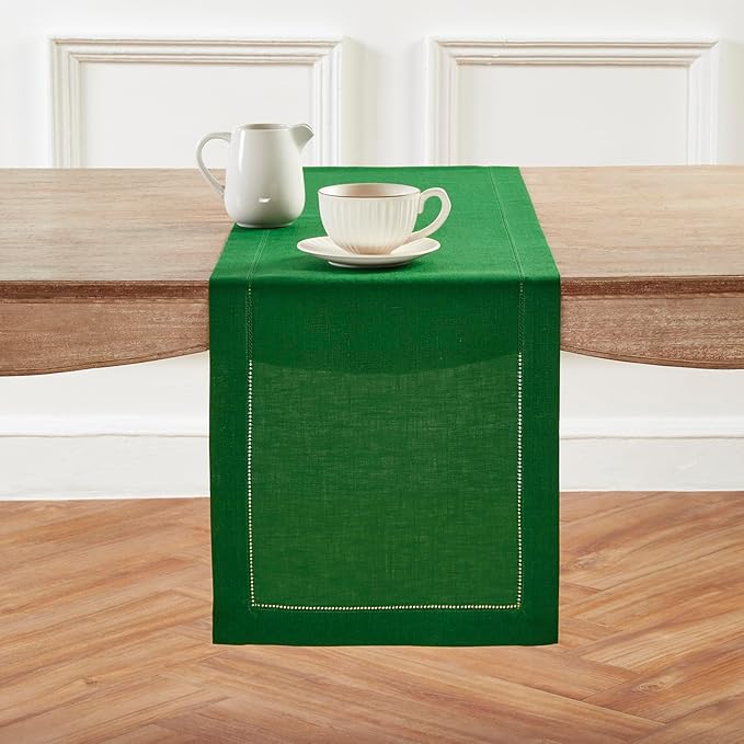 Solino Home Linen Garden Green Table Runner 90 Inches Long - 100% Pure Linen Hemstitch 14 x 90 Inch Table Runner for Dining, Winter, St Patricks Day, Easter - Classic Hemstitch