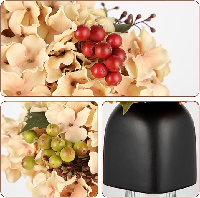 Briful Hydrangea Artificial Flowers in Black Square Ceramic Pot, Beige Silk Hydrangea Flowers Realistic Potted Fake Flowers with Berries for Home Decor Indoor Wedding Table Centerpieces