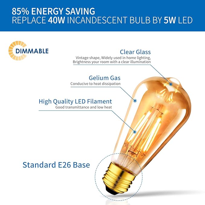 ANWIO Vintage Edison Light Bulb ST21 LED Filament Bulb 5W(40 Watt Equivalent) Dimmable 2500K (Amber Glow) Warm White E26 Medium Base, Amber Glass Cover,12 Pack