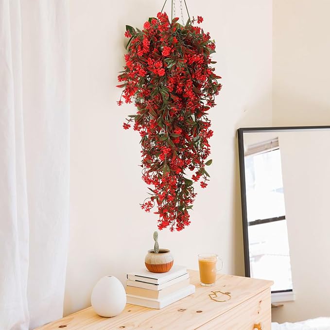 RECUTMS 2 Pack Artificial Greenery Plastic Flower Fake Hanging Plant Vines Plants UV Resistant for Outdoor Home Garden Wall Office Wedding Party Hanging Basket Decoration (Red)